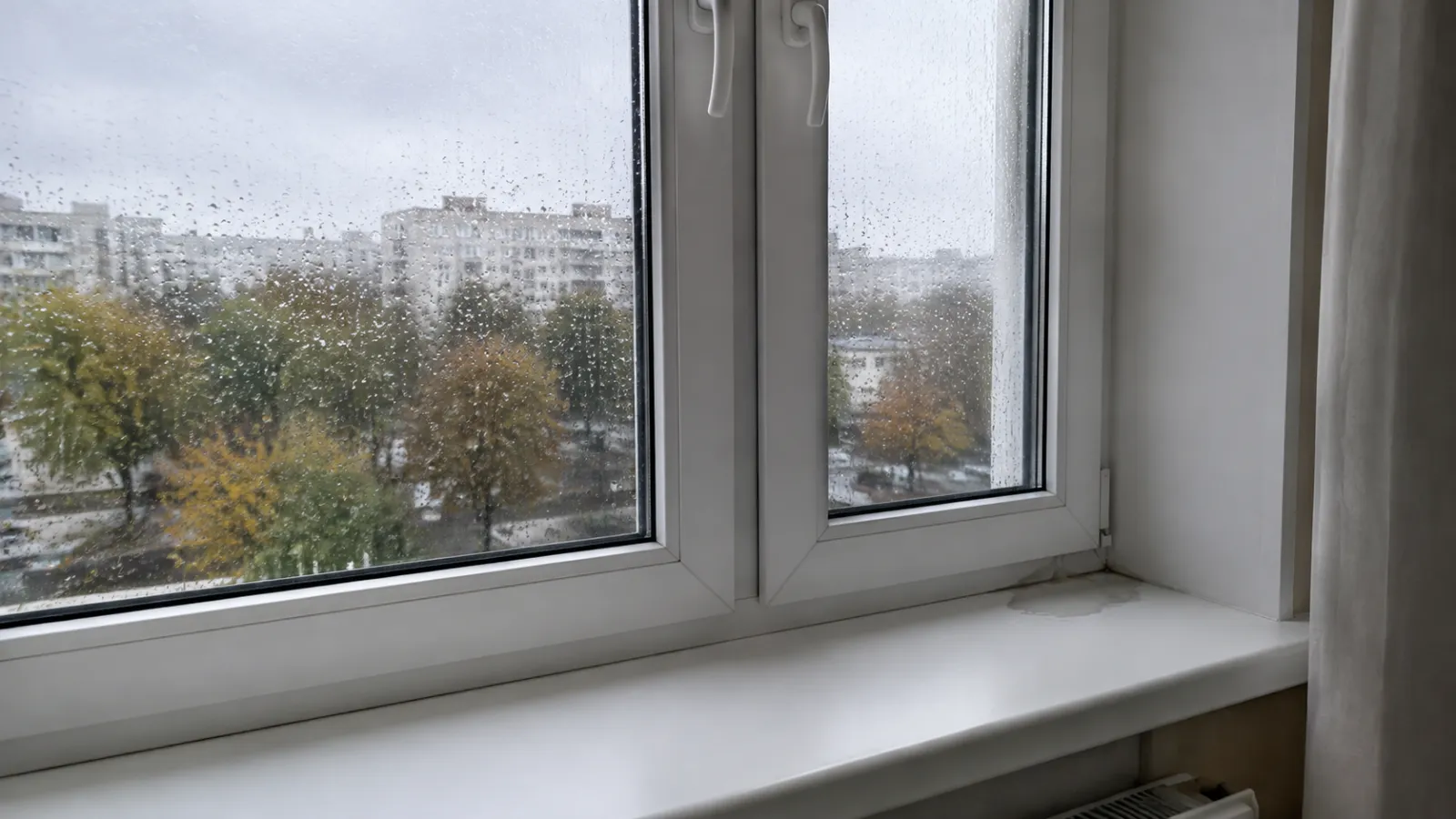 Вода на подоконнике пластикового окна после дождя